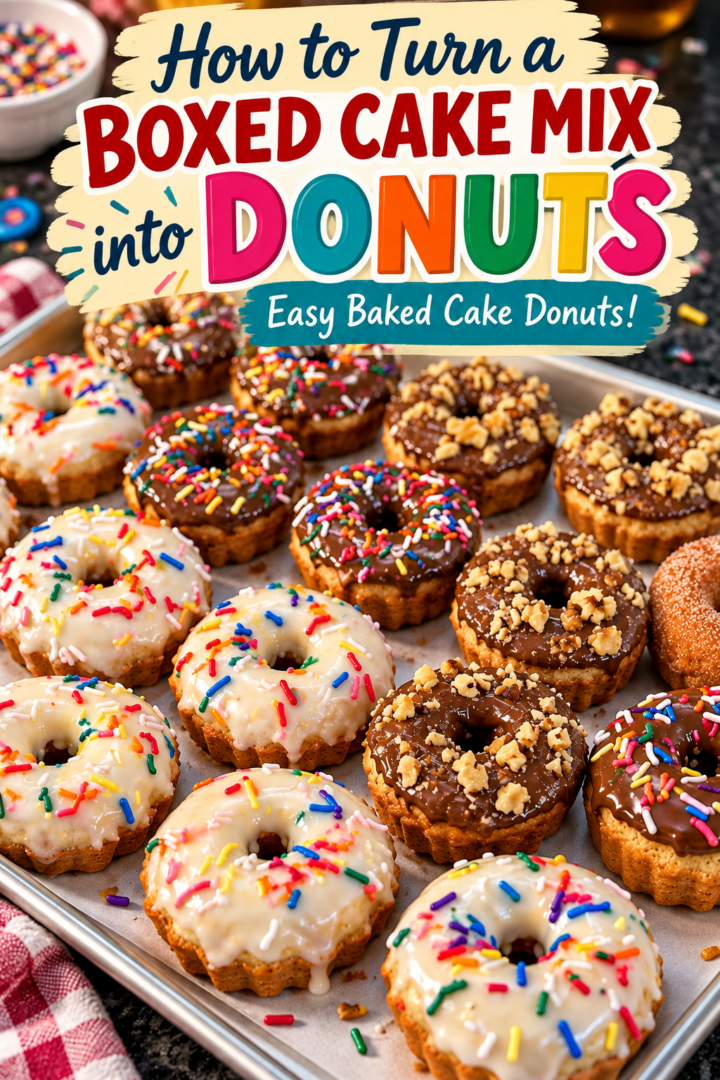 how to turn a boxed cake mix into donuts pin for pinterest