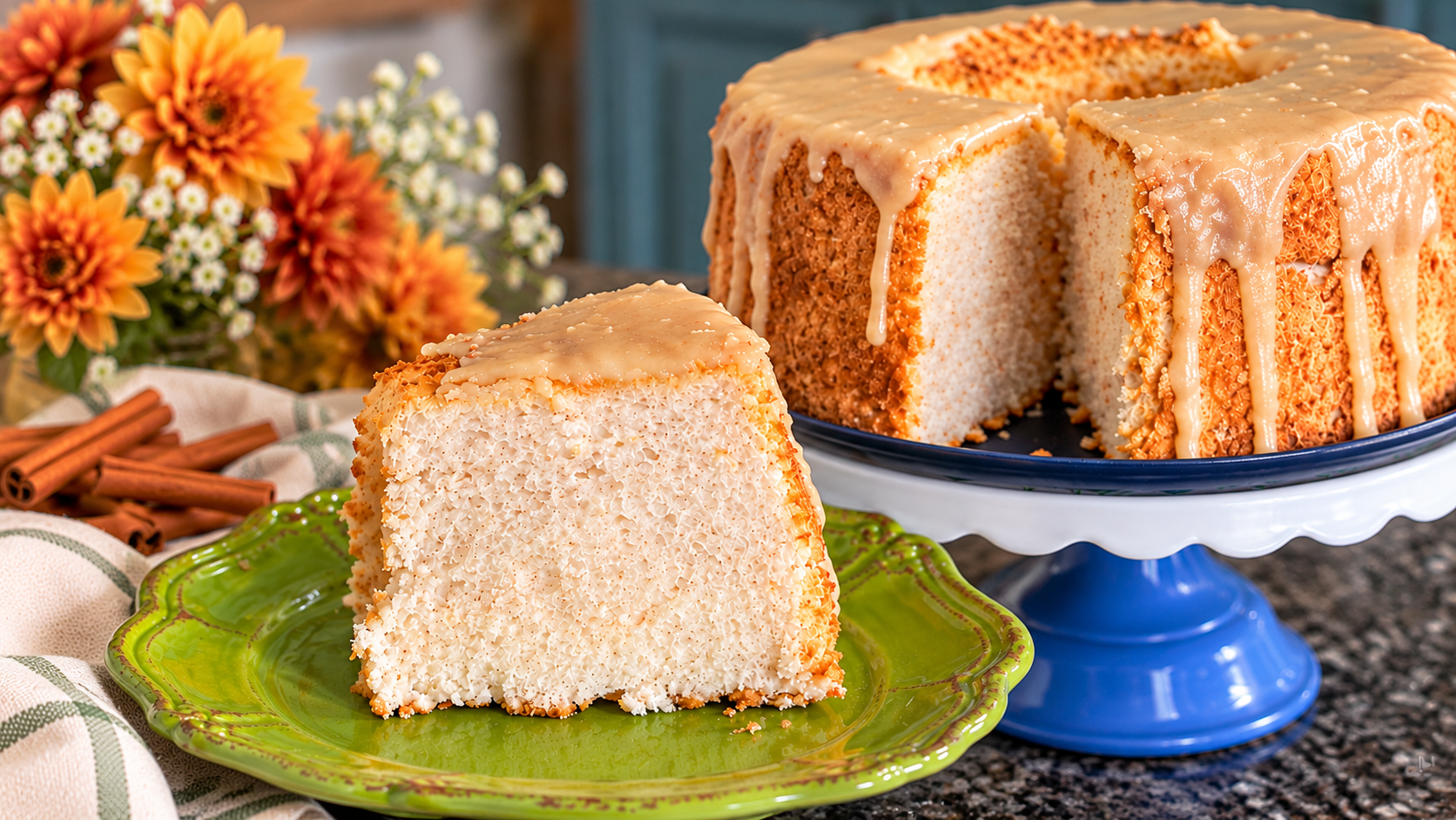Snickerdoodle Angel Food Cake with Brown Sugar Glaze