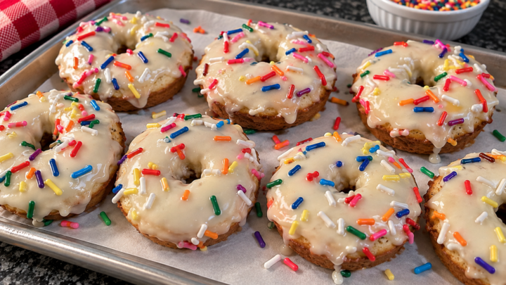 cake mix donuts glazed with vanilla glaze and sprinkles