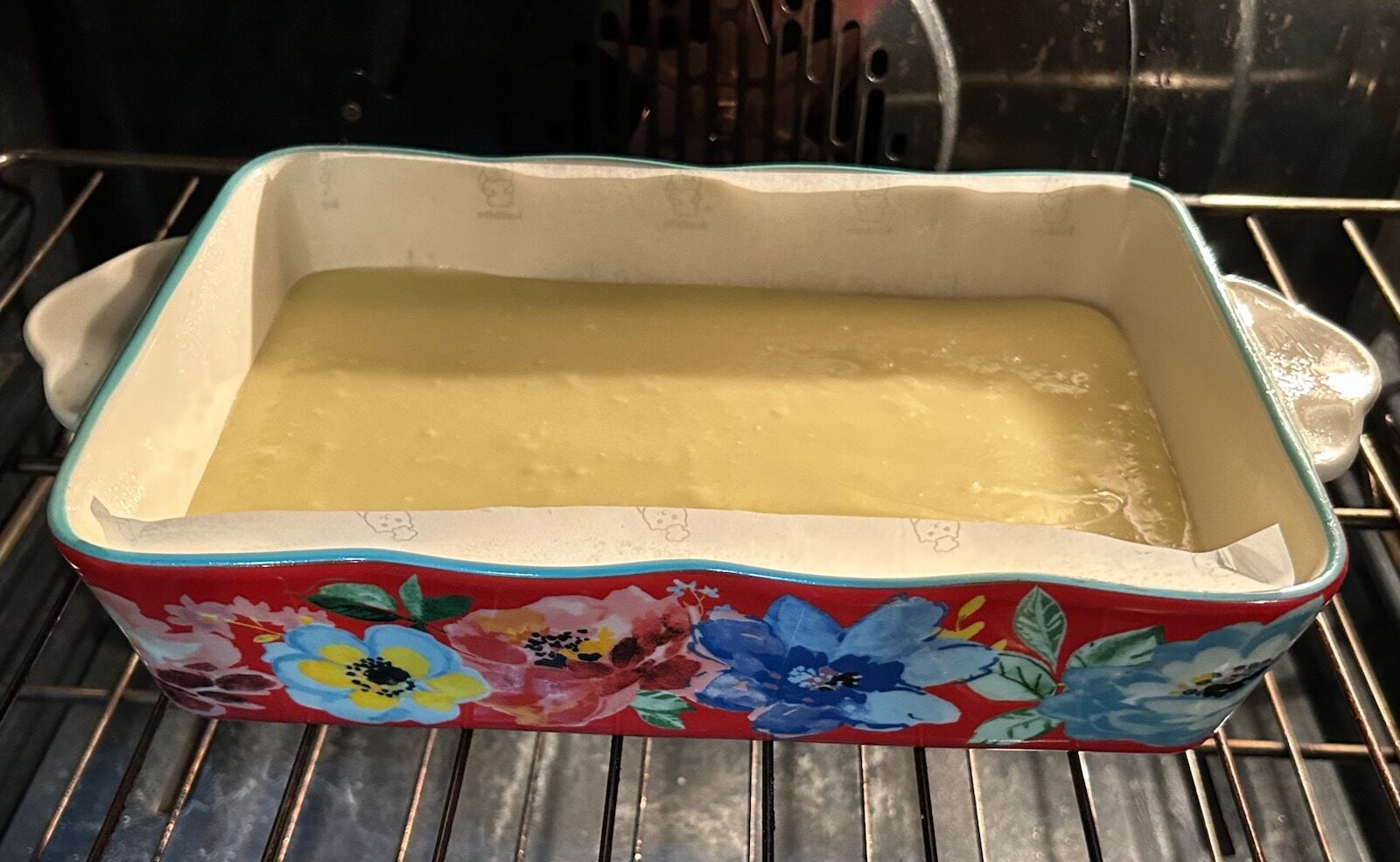 carrot cake gooey butter cake in oven