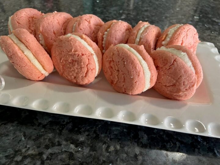 strawberry cake mix whoopie pies on platter