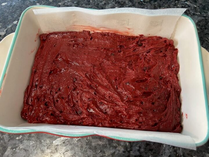 easy red velvet brownie batter in pan