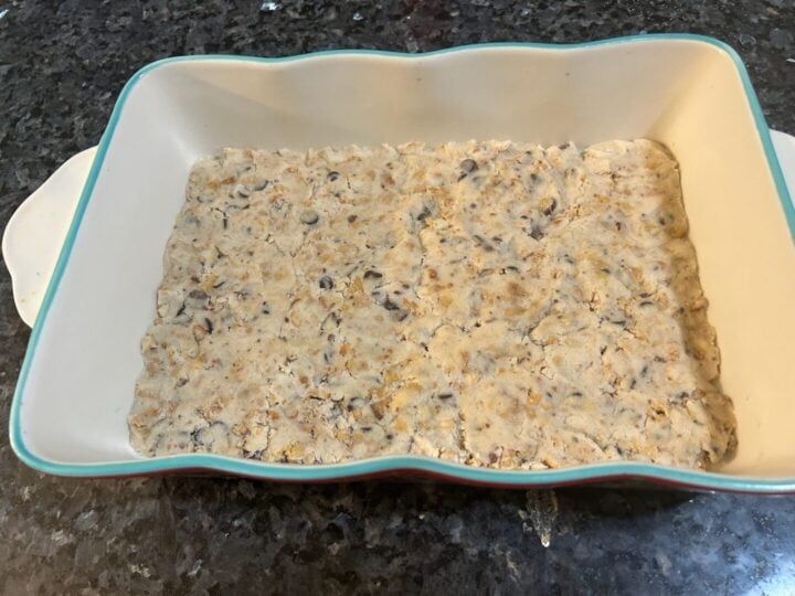 Snickers Cookie Dough in pan before baking