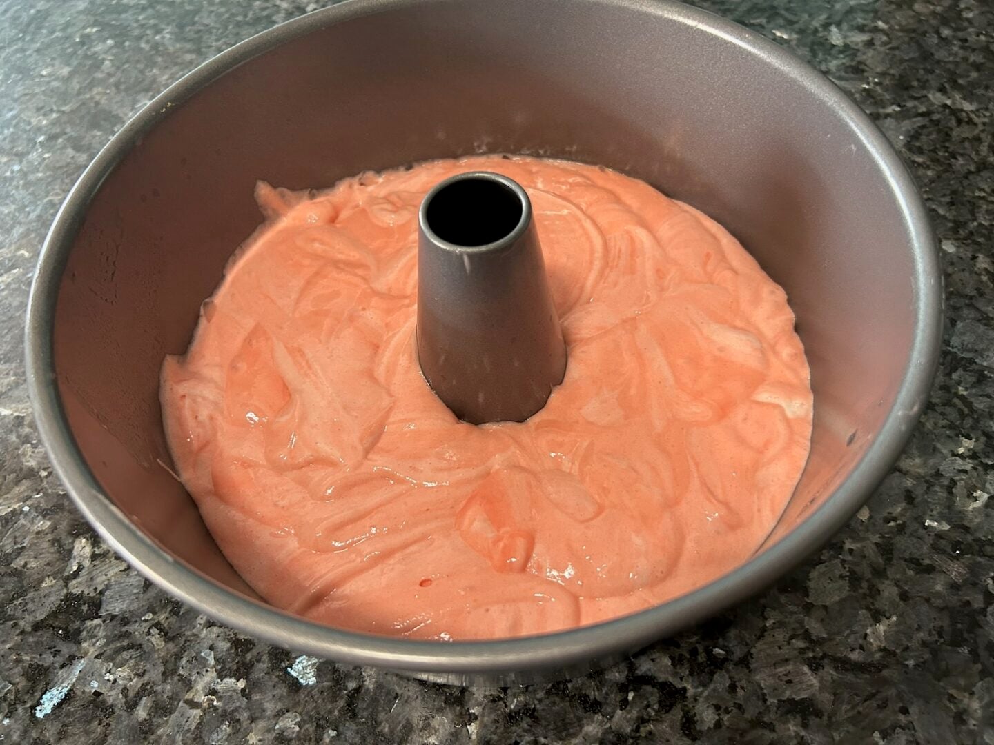 Strawberry Chiffon Cake batter in pan
