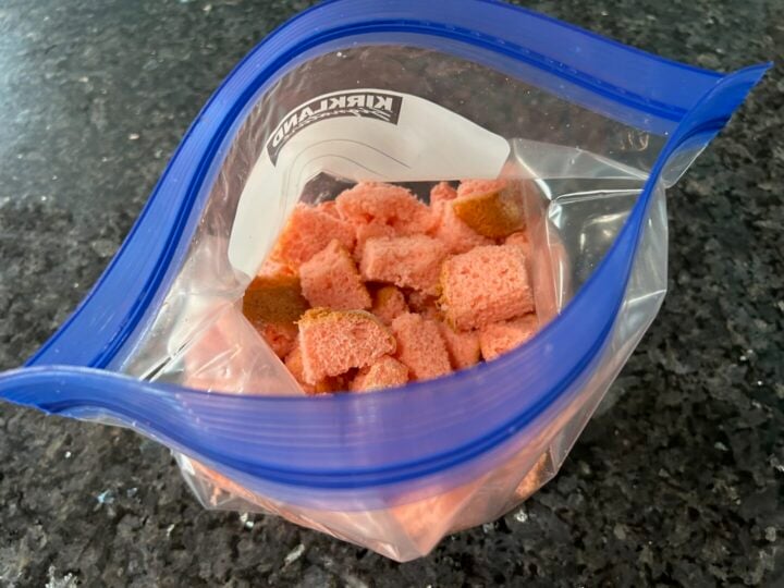 Strawberry Chiffon Cake cubed in bag