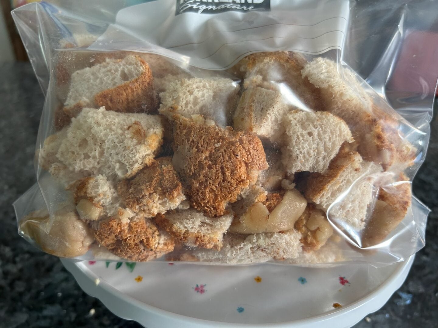 snickerdoodle cake cubed and placed in baggie