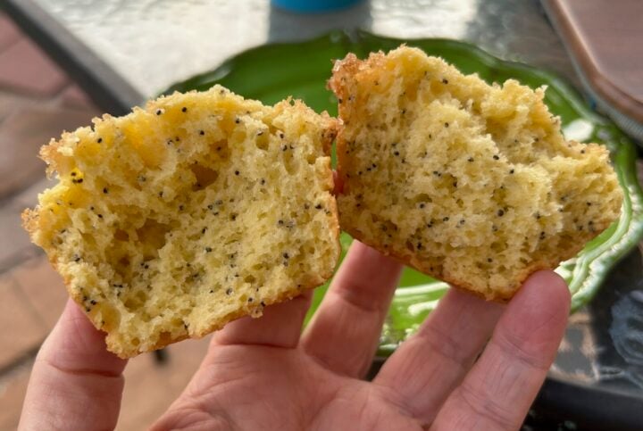 easy lemon poppy seed muffins interior view showing crumb and poppyseeds