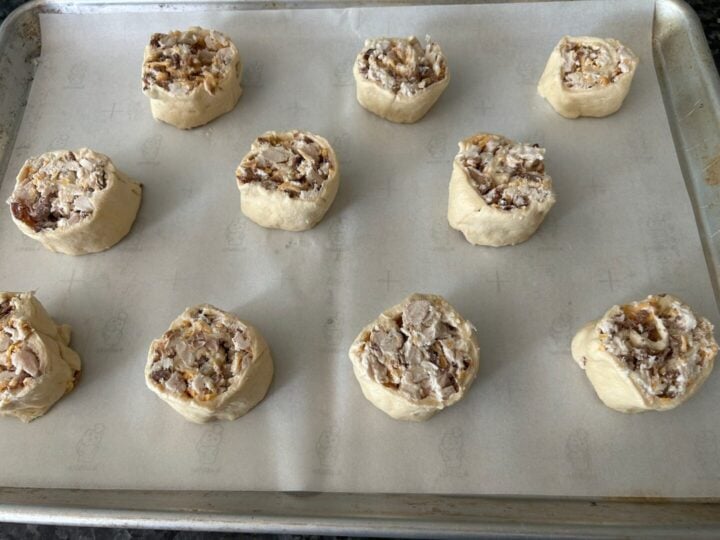 Easy Chicken Bacon Ranch Crescent Roll Pinwheels before baking on tray