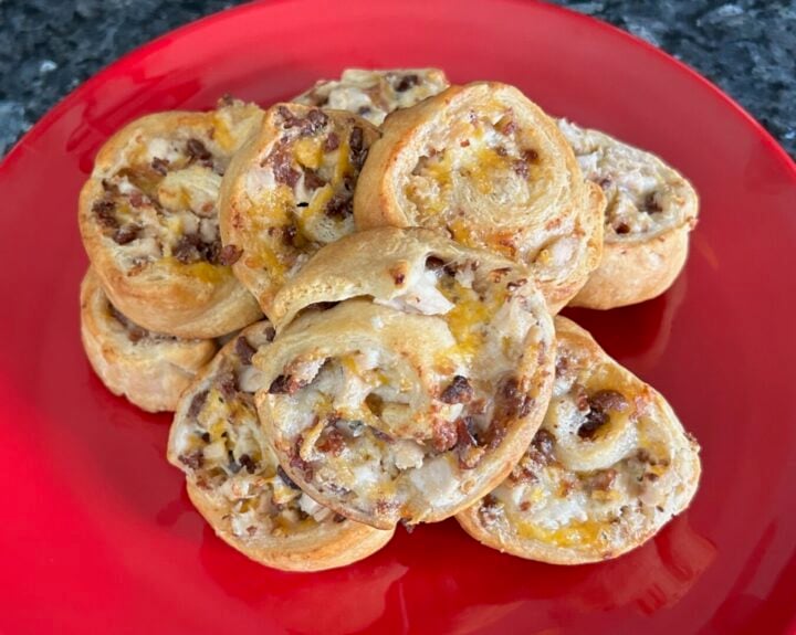 Easy Chicken Bacon Ranch Crescent Roll Pinwheels on red plate