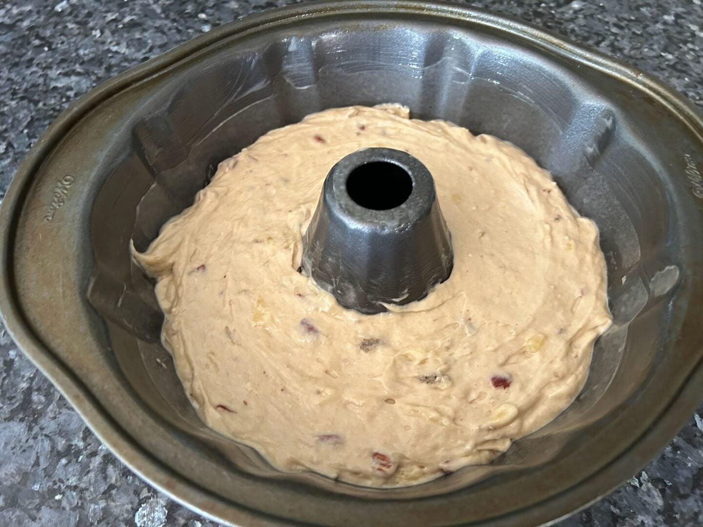 Easy Butter Pecan Banana Bread (Cake Mix Recipe) batter in pan