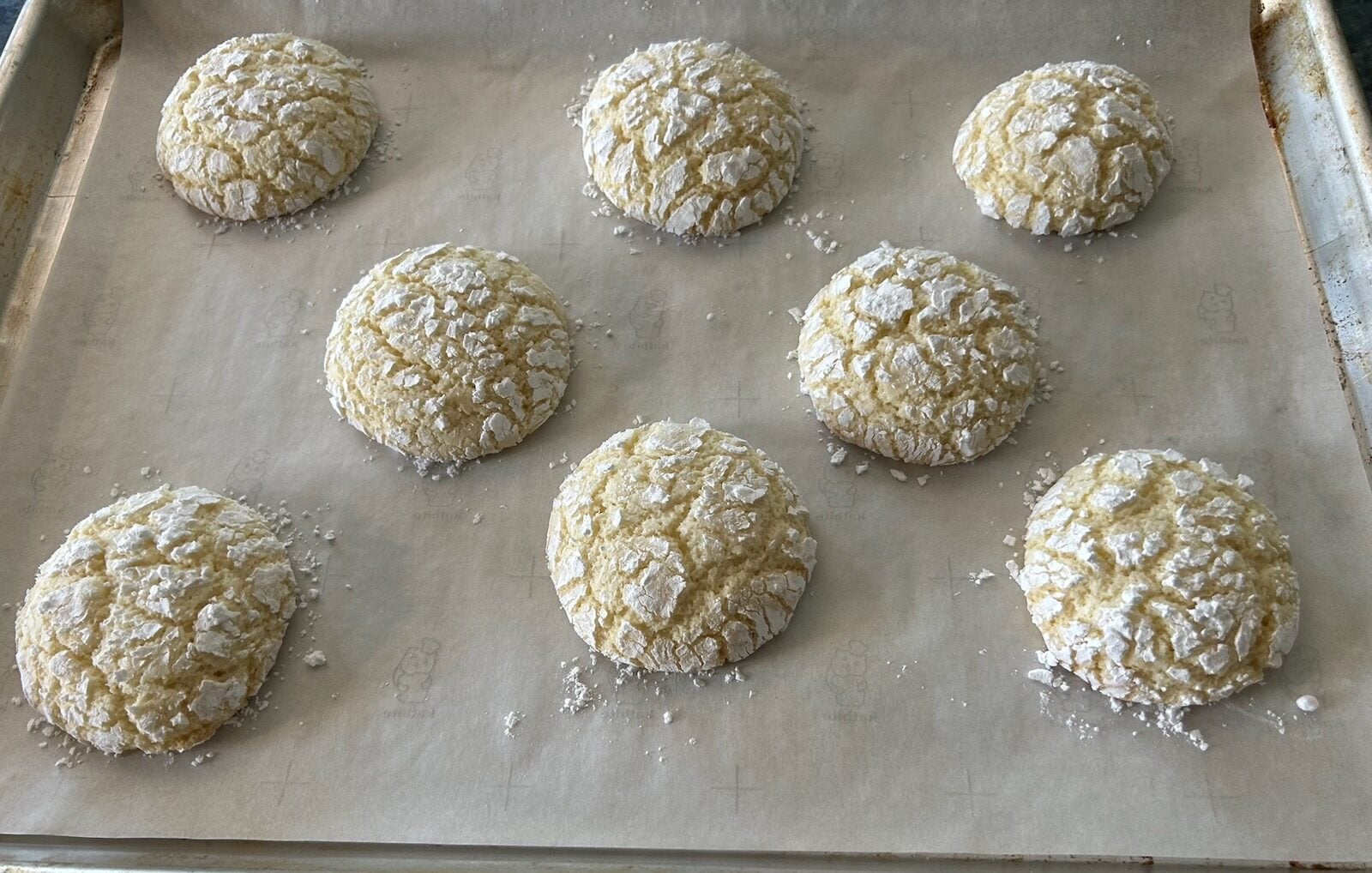 baked sugar crinkle cookies on cookie sheet