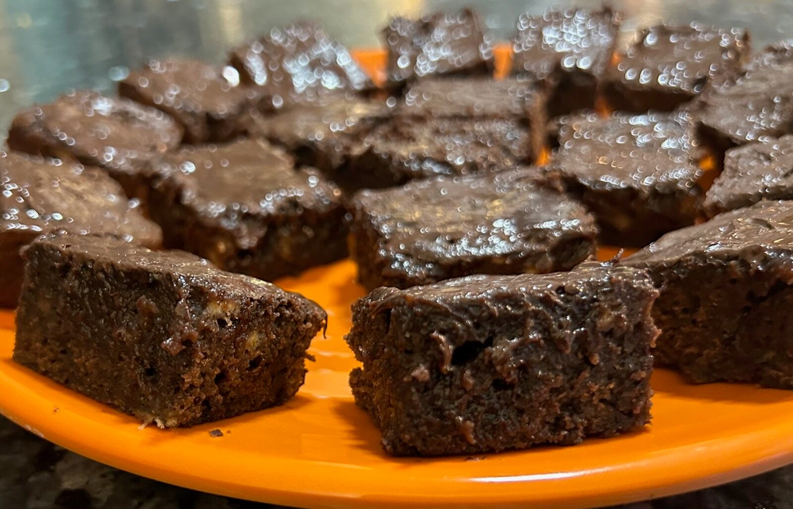 Banana Bread Brownies (Easy Brownie Mix Recipe) on serving tray