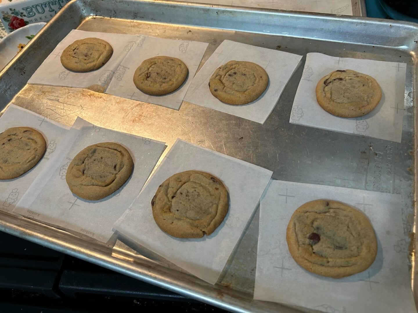 chocolate chip cookies, baked and flattened