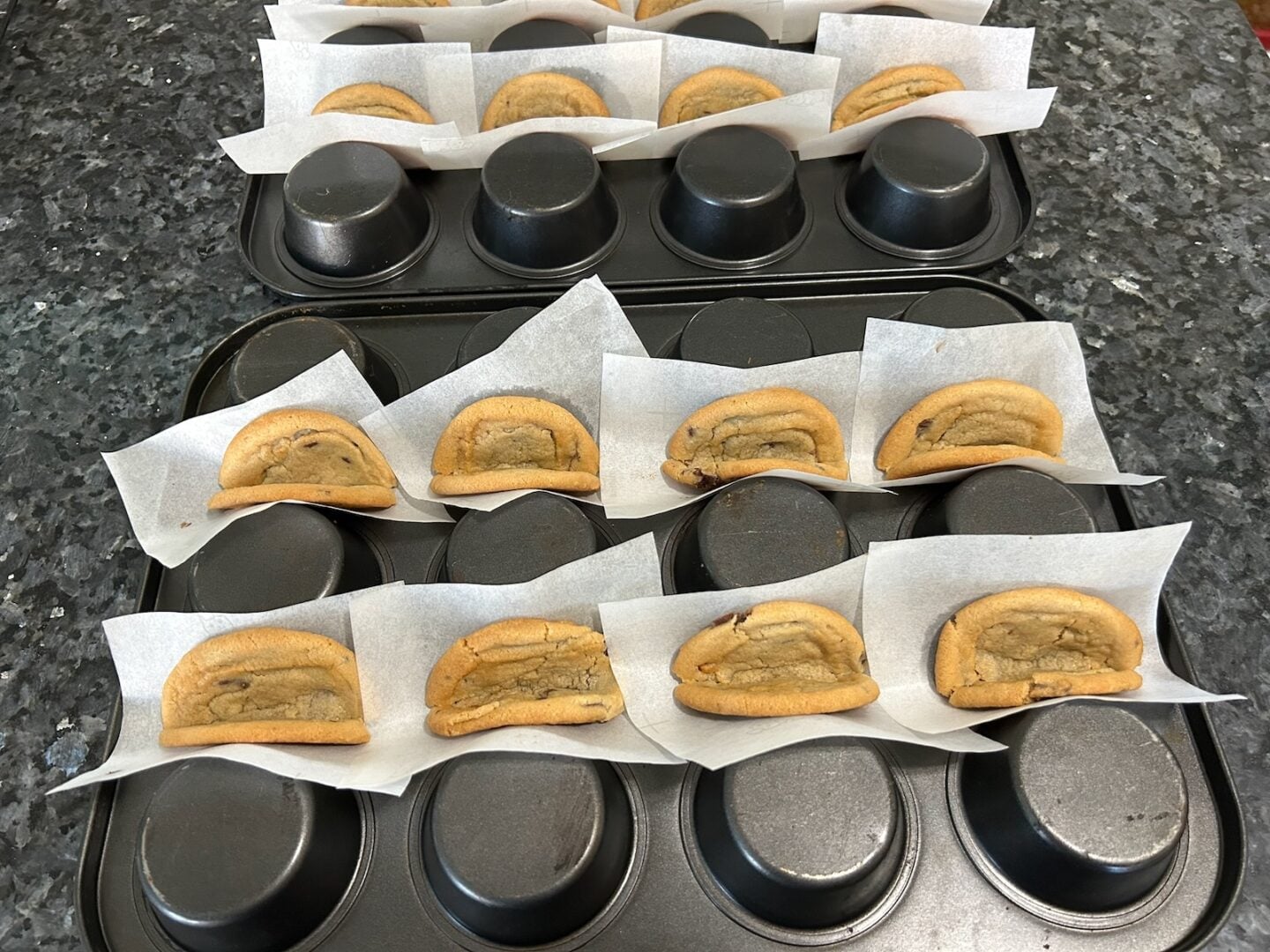 Easy Chocolate Chip Cookie Tacos (cookie base on muffin tin)