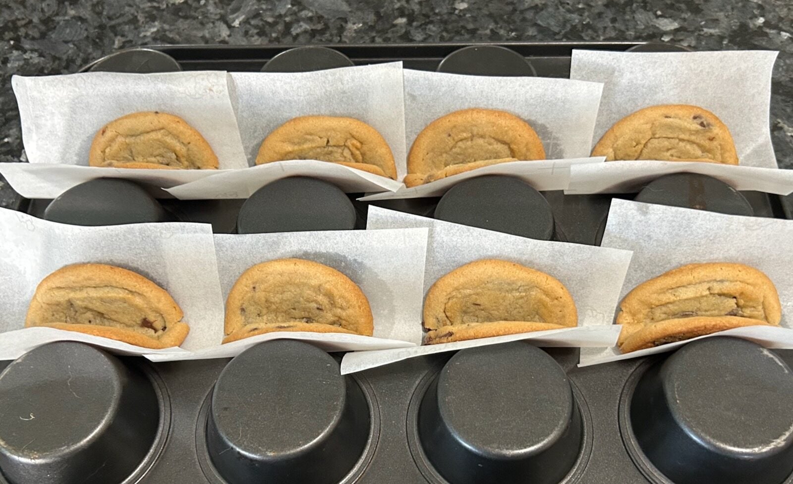 Easy Chocolate Chip Cookie Tacos (cookie base on muffin tin)