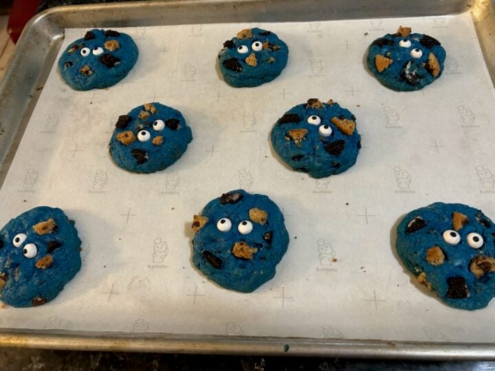 Easy Cookie Monster Cookies (Soft and Chewy) with eyeballs added