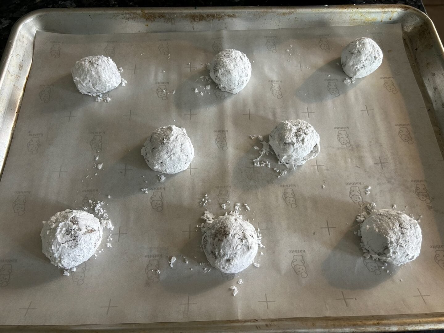 Easy Spice Cake Mix Crinkle Cookie dough balls rolled in powdered sugar (before baking)