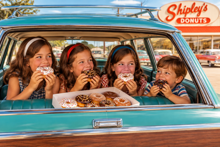 kids in station wagon eating Shipleys donuts