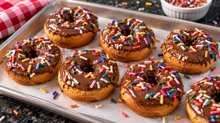 cake mix donuts with chocolate glaze and sprinkles
