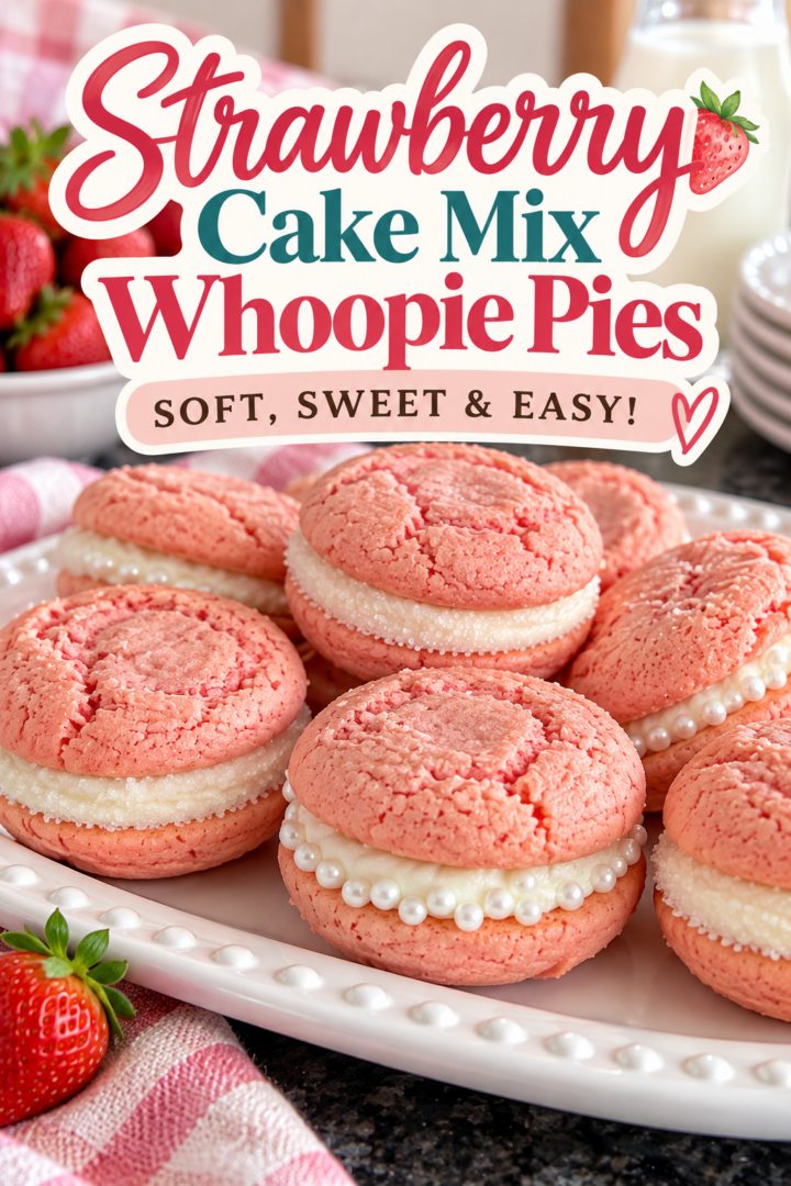 strawberry cake mix whoopie pies pin for Pinterest