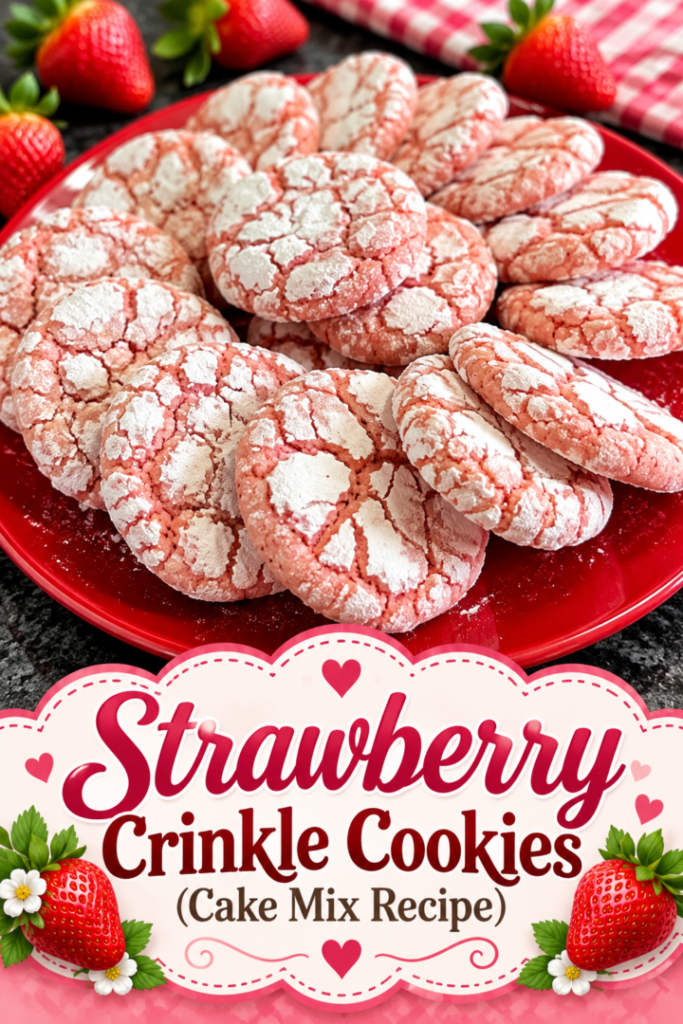 Easy Strawberry Crinkle Cookies (Cake Mix Recipe) pin for Pinterest
