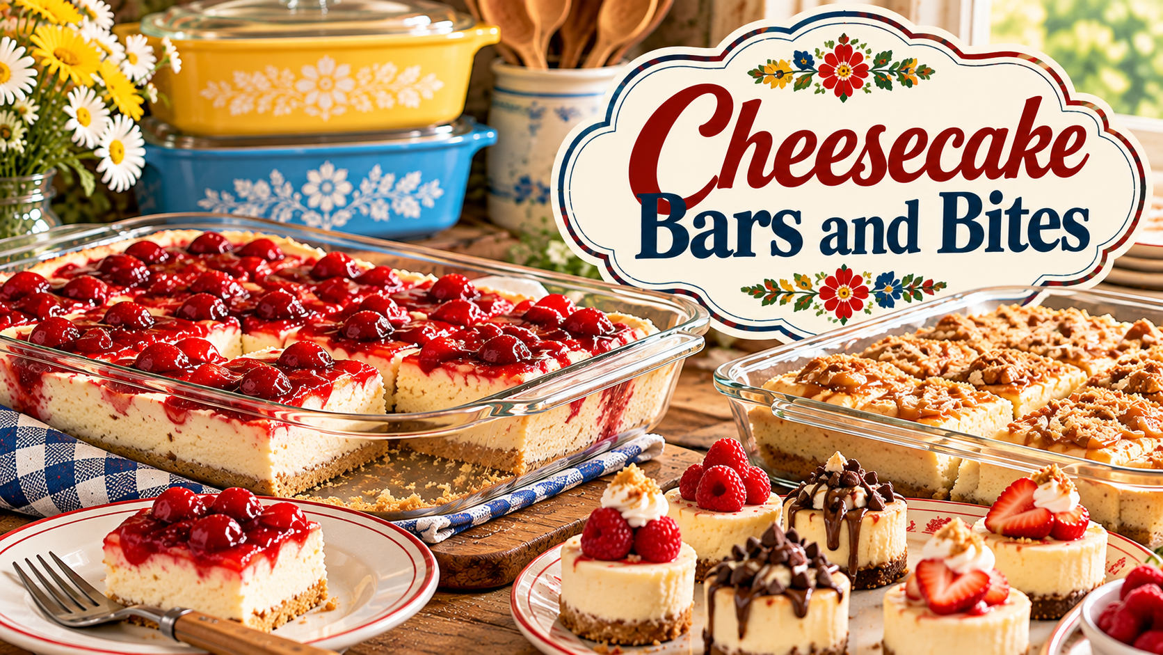 cheesecake bars and bites in pyrex dishes